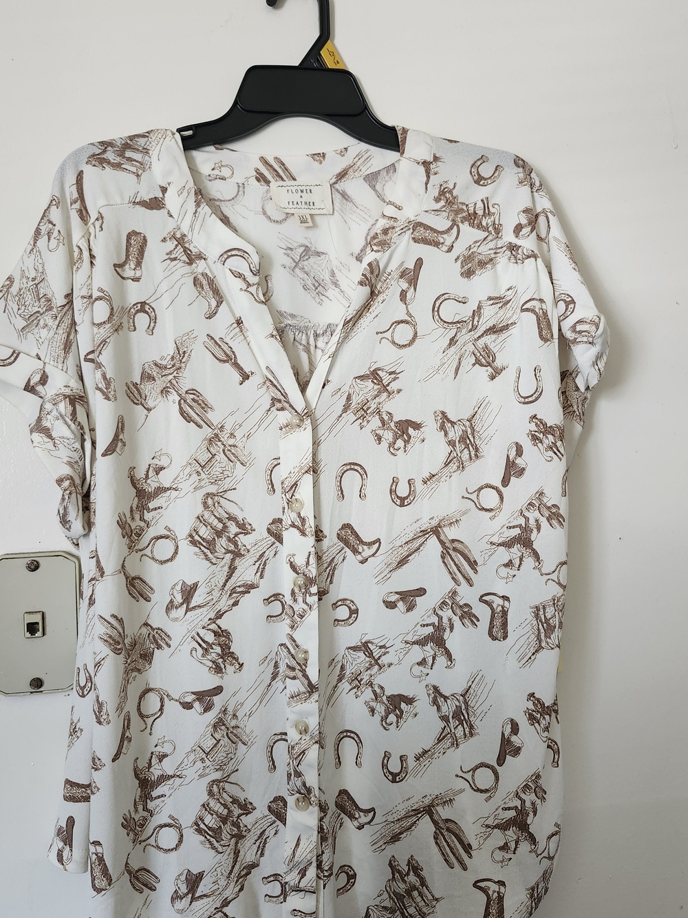 Printed White Blouse with Brown Western Motif